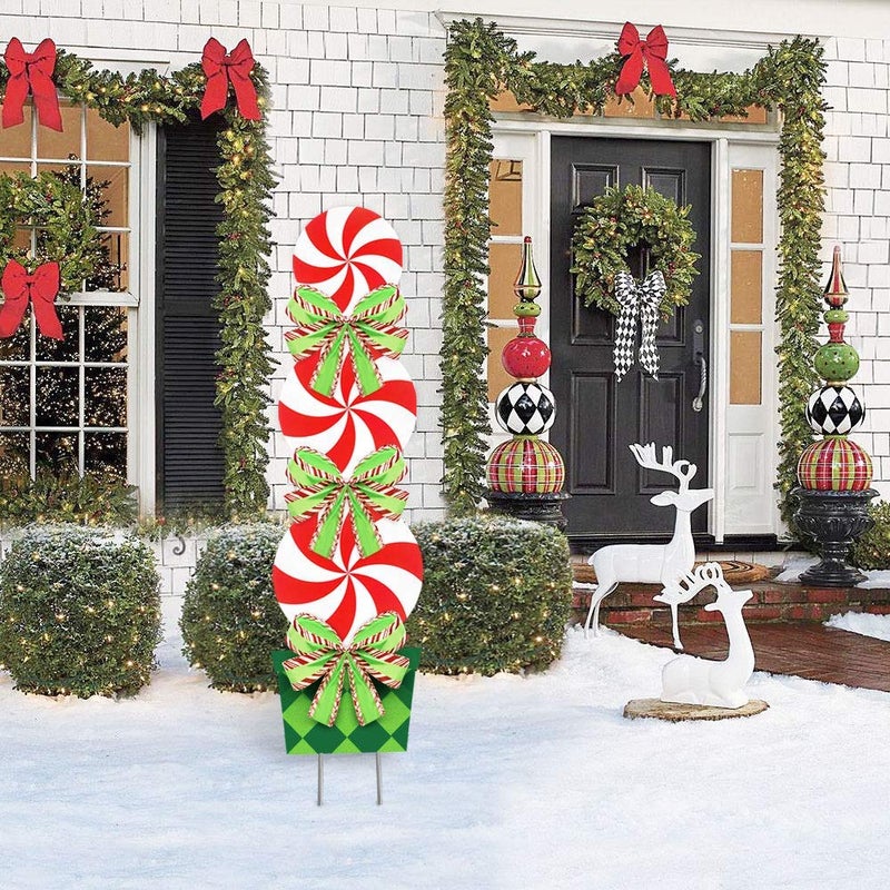 ORIENTAL CHERRY Candy Christmas Decorations Outdoor - 44In Peppermint Xmas Yard Stakes - Giant Holiday Decor Signs for Home Lawn Pathway Walkway Candyland Themed Party - Red White Green - Image 2
